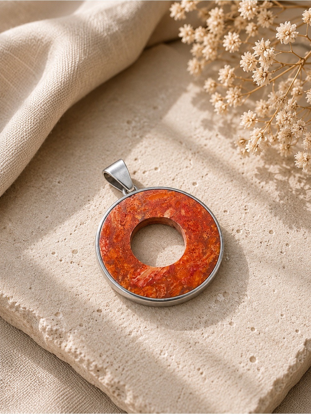 Rare Vintage Sterling Silver Sponge Coral Pendant • OAK Boho Statement Necklace